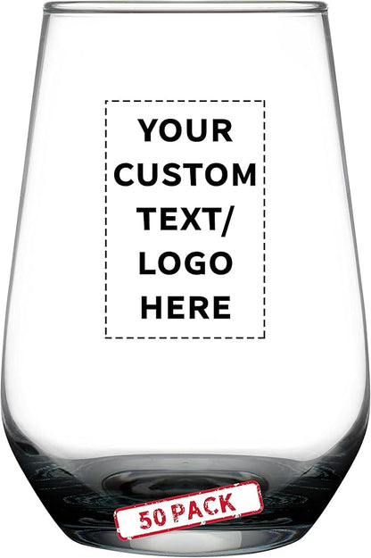 DISCOUNT PROMOS 50 Vaso Silicia Stemless Wine Glasses Set, 16 oz. - Personalized Text, Logo - Clear, Orb-Like, Thick base - Black