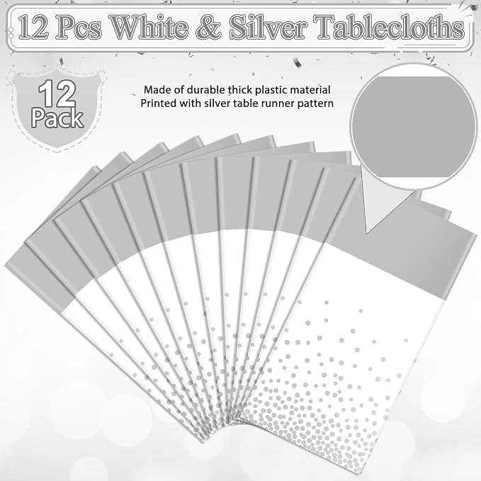 MASHAN 12Pcs White Silver Tablecloth Party Decorations, Plastic White Table - Image 2
