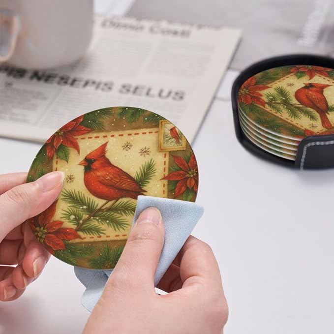 Red Christmas Floral and Bird Coasters - Image 5
