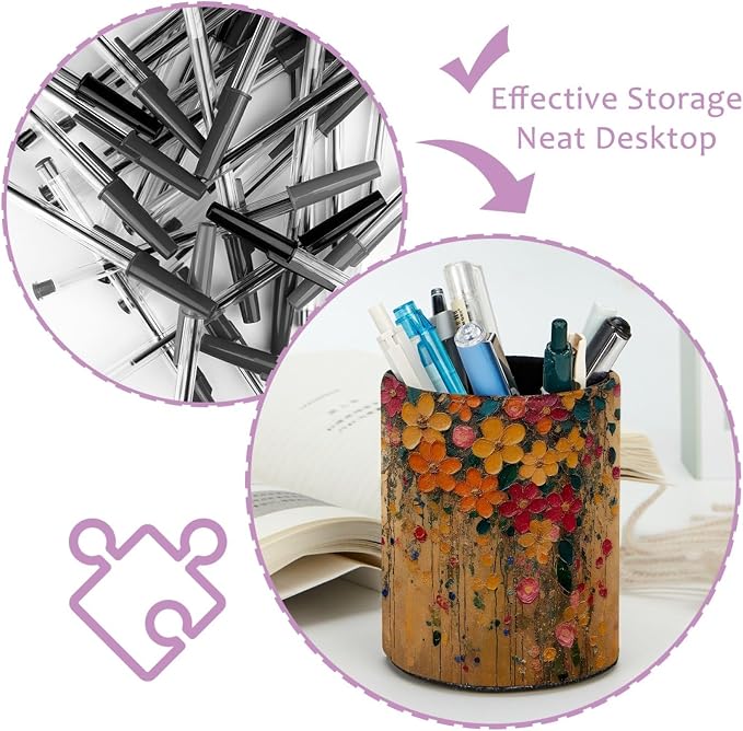 Leather Pen Holder for Desk, Hanging Floral Pencil Cup Pen Organizer Makeup - Image 4