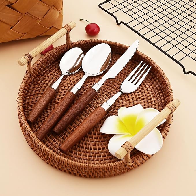 4-Piece Wooden Handle Silverware Set, BRIIEC 304 Stainless Steel Flatware Set - Image 6