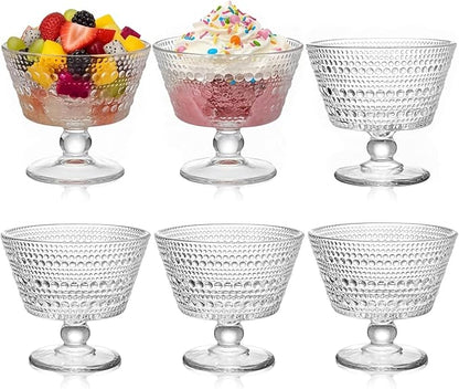 ZOOFOX 6 Pack Glass Ice Cream Bowl Set, 9 oz Footed Fruit Parfait Cups, Embossed Design Glass Dessert Bowls for Sundae, Ice Cream, Smoothie, Fruit, Salad, Yogurt, Cocktail, Snack