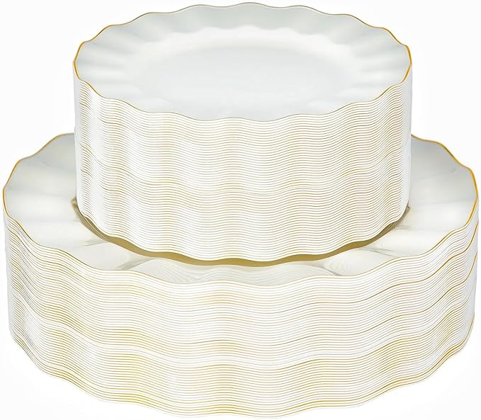 72PCS Ivory White Plastic Plates, Wavy Plates by QualQuot