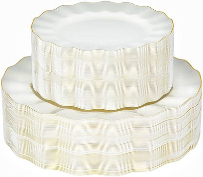 72PCS Ivory White Plastic Plates, Wavy Plates by QualQuot