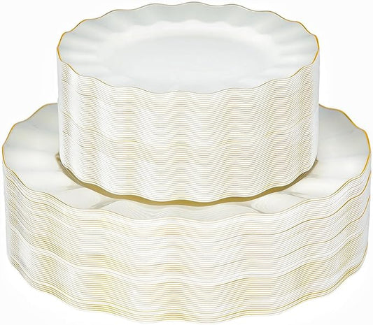 72PCS Ivory White Plastic Plates, Wavy Plates by QualQuot