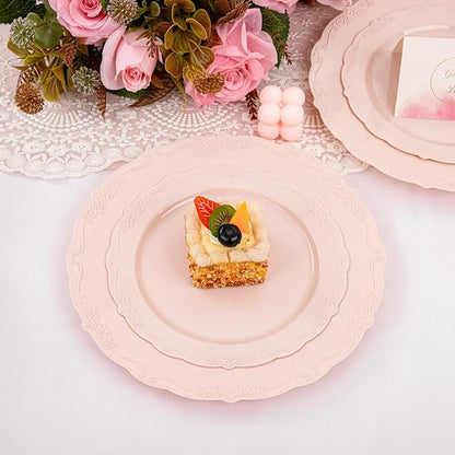 U-QE 100PCS Mauve Pink Plastic Plates for Party - Plastic Party Plates Disposable Heavy Duty - Pink Valentines Plates for Valentine's Day Including 50PCS 10.25'' Dinner Plates&50PCS 7.5'' Pink Plates