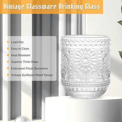 Topsky Vintage Drinking Glass Set of 4,12 oz Embossed Floral Drinkware Set,Colorful Drinking Glasses Cups Wine Glasses Colored Glassware for Whisky,Beer,Juice,Cocktail,Heavy Duty-Clear