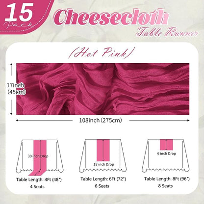 15 Pack Hot Pink Cheesecloth Table Runner 17 x 108 inch Cheese Cloth Table - Image 2