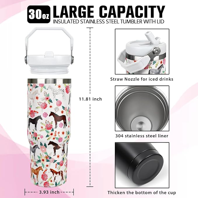 30 oz Horse Tumbler with Handle and Flip Straw, Vacuum Insulated Water Bottle - Image 2