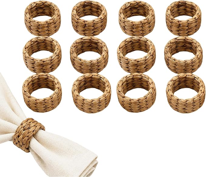 12 Pcs Rattan Woven Water Hyacinth Napkin Rings, Natural Farmhouse Wicker by Unknown