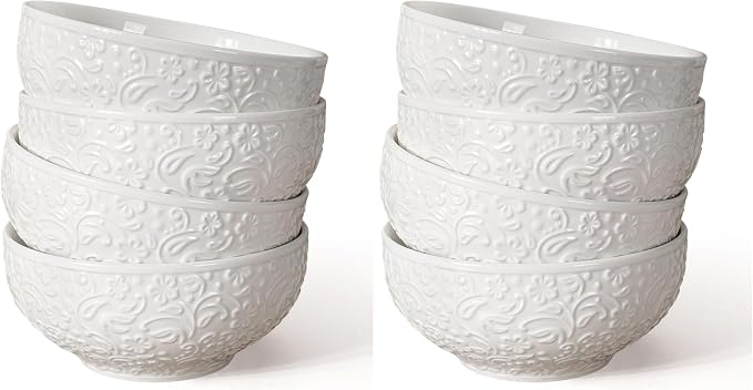 Ceramic Cereal Bowls 26 oz, Embossment Soup Bowls Set of 4, Dishwasher by Artena