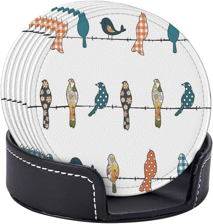 6 Pcs Rowley Birds Floral Pattern Leather Coasters - Image 6
