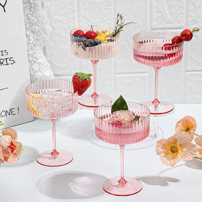 12 PCS Ribbed Coupe Glasses Pink Plastic Champagne Coupe Cup 10oz Detachable Gold Rim Espresso Martini Glass Vintage Margarita Glassware Cocktail Glass for Wedding Bachelorette Party