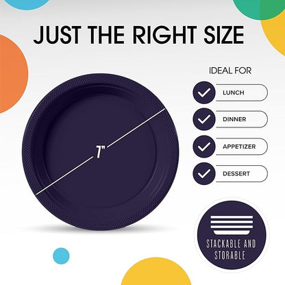 Exquisite Party Solids Navy Plastic Plates For Party 7" Navy Disposable Plates Heavy Duty 100 Pcs Plastic Dinnerware Sets Heavy Duty 350 GSM Disposable Dinnerware Set