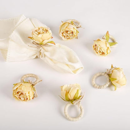 Handmade Flower Napkin Rings Set of 6, Champagne Peony Napkin Holder Rings by FEKIDO