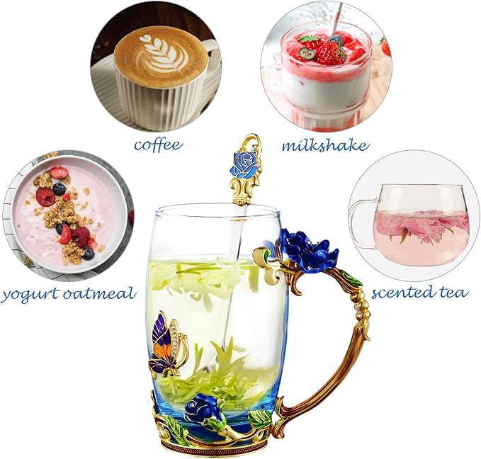 Flower Tea Cup, Butterfly Rose Clear Glass Fancy Coffee Mug - Image 3