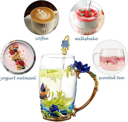 Flower Tea Cup, Butterfly Rose Clear Glass Fancy Coffee Mug - Image 3