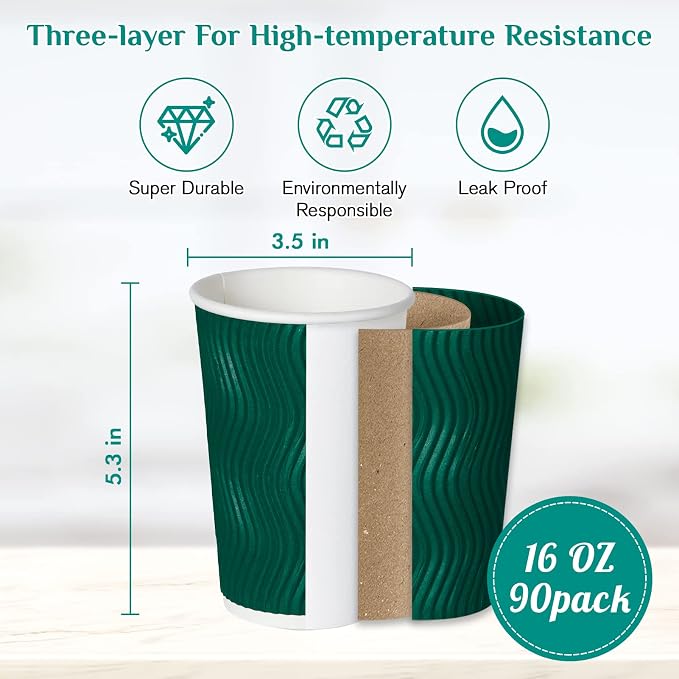 MUCHII 16 oz Paper Coffee Cups, Insulated Ripple Paper Cups, Hot Coffee Tea - Image 3