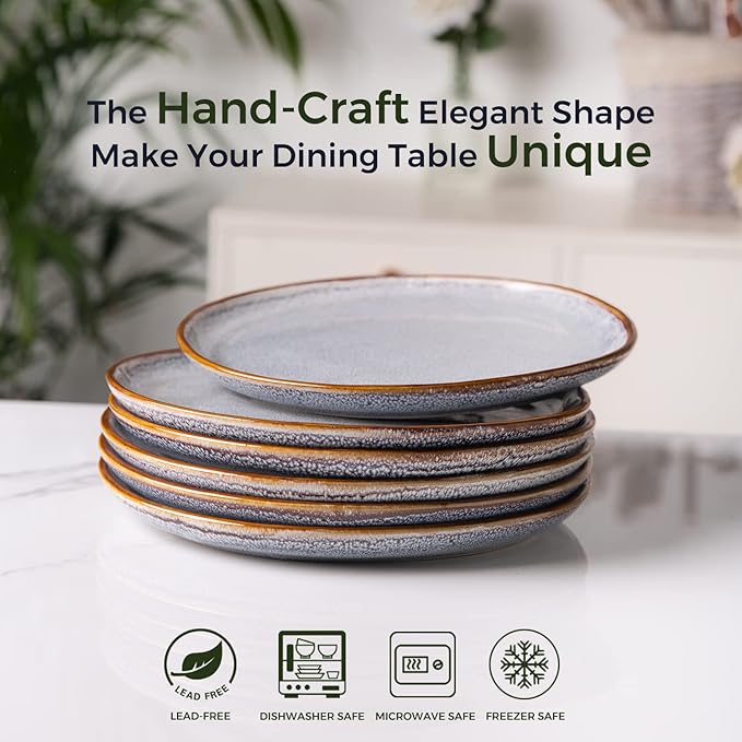 AmorArc Ceramic Plates Set of 6, 8.5 Inch Handmade Reactive Glaze Stoneware Plates set for Dessert, Salad, Appetizer, Small Dinner Plates, Microwave&Dishwasher Safe, Scratch Resistant - Blue