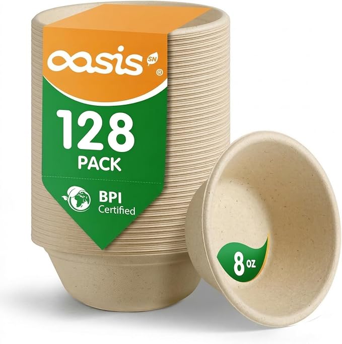 8 oz 128-Pack Compostable Paper Bowls, Small Disposable Dessert & Snack Bowls by SustainableSolutions