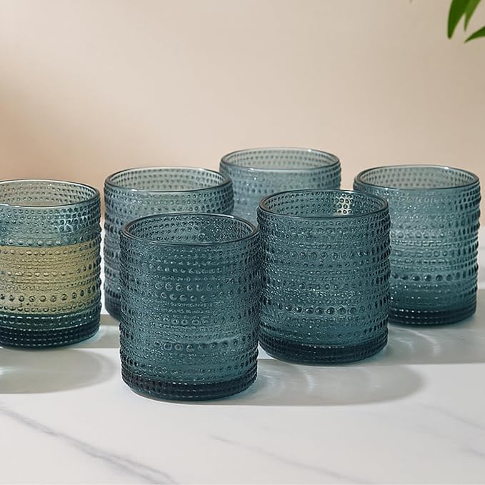 Blue Hobnail Drinking Tumbler | Set of 6 | 11 OZ Bubble Design Vintage Glassware - Image 7