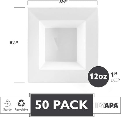 Ilyapa 50 Pack 12 ounce White Plastic Bowls, Heavy Duty Disposable White Square Bowl, Plastic 12oz for Soup, Dessert, Wedding & Party Brunch Accessories