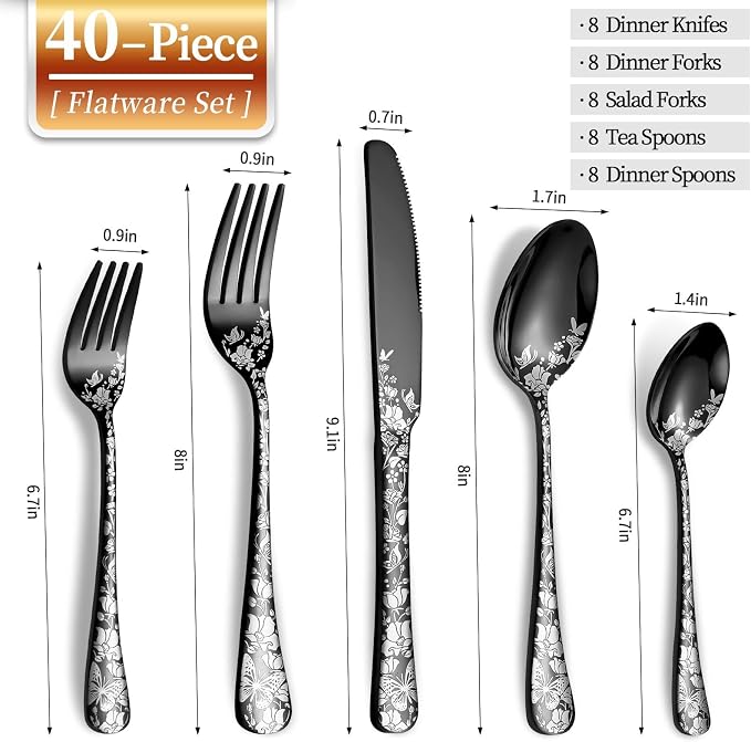 40 Piece Black Silverware Set, Stainless Steel Flatware Cutlery Set Service - Image 2