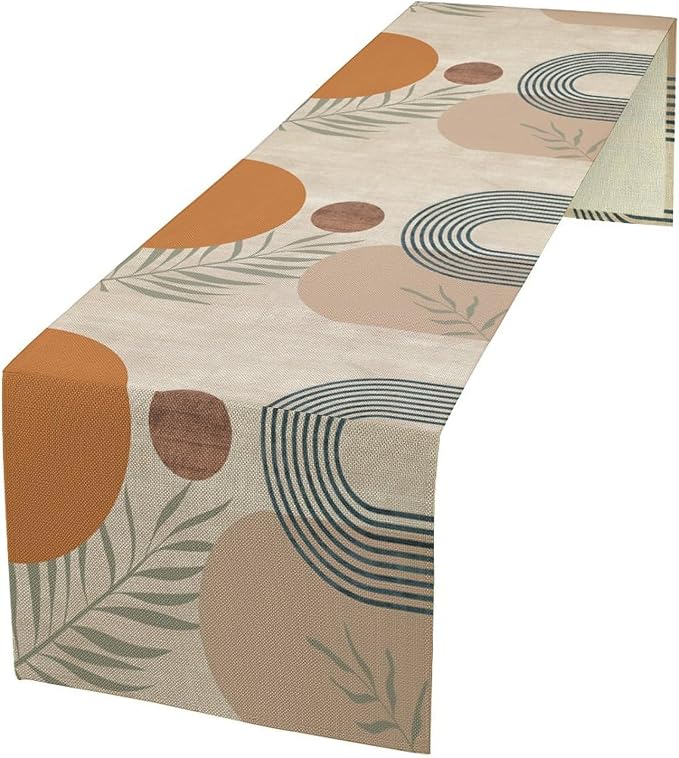 Abstract Mid Centruy Table Runner Retro Boho Tropical Leaves Sun Geometric Arch by moderw