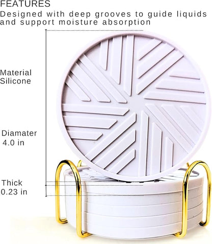 Silicone Drinks Coasters Set of 6 - with Smart, Modern Groove Patterns & Gold Holder Protecs Your cofee Table from Condensation Cups, muggs Home, Office, bar Decor - Lavander White