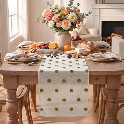 Artoid Mode Green Pom Pom Tulle Table Runner, Seasonal Washable Kitchen Dining - Image 2