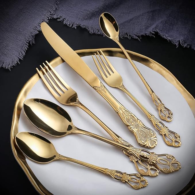 Silverware Set for 6 Stainless Steel Flatware Set Palace Style Hollow Relief Decoration 24 Piece Cutlery Utensils Include Knives Forks and Spoons Tableware Set for Home Kitchen Restaurant Party