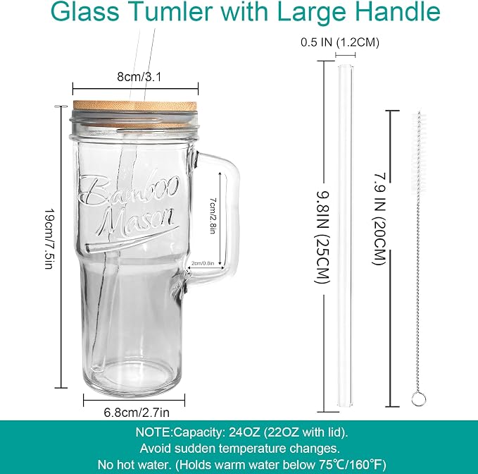ANOTION Glass Cups with Lids and Straws - 24 oz Tumbler with Handle Christmas - Image 6