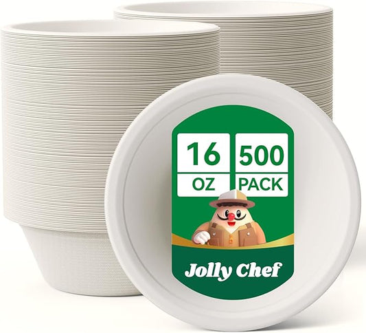 JOLLY CHEF Compostable Disposable Paper Bowls [16 oz] Heavy Duty Soup Uncoated Containers [500 Pack] White Biodegradable Bagasse Hot Cold Food Eco-Friendly Sugarcane Microwavable for Dessert Christmas