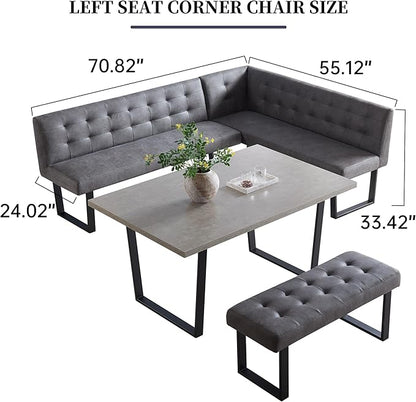 3 Piece Dining Table Set with Bench, 42.9 Inch Modern Kitchen Table with Left Seat Corner and 43.3 Inch Bench for Family Dining Room Furniture