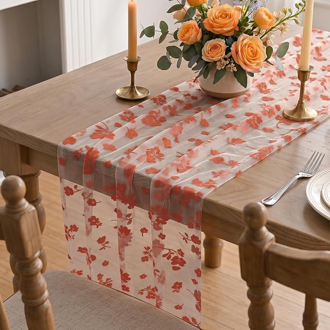 Artoid Mode Caramel Gauze Flocking Flowers Table Runner 10FT, Fall Sheer Dining - Image 5