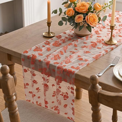 Artoid Mode Caramel Gauze Flocking Flowers Table Runner 10FT, Fall Sheer Dining - Image 5