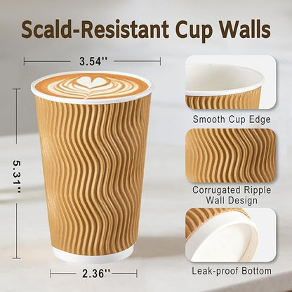 500 Pack 16 oz Disposable Coffee Cups No Lids, Insulated Ripple Wall Paper Coffee Cups 16oz for Hot Chocolate Tea Home Travel Office (Champagne)
