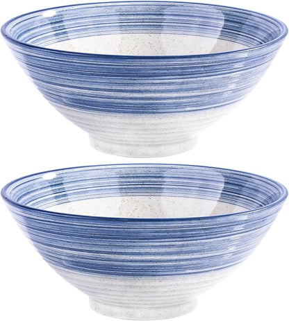 Ceramic Ramen Bowl Set of 2, 8.3" Blue Striped Japanese Noodle Bowls, Large by Whitenesser