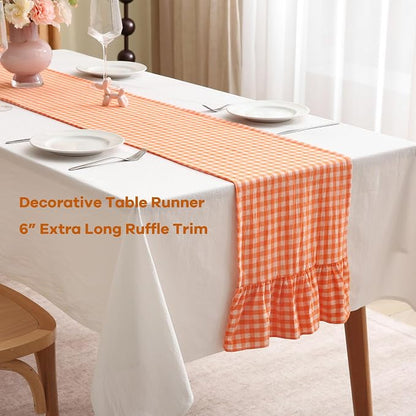Orange White Plaid Gingham Ruffle Table Runner 90 inches Long 100% Washed - Image 3