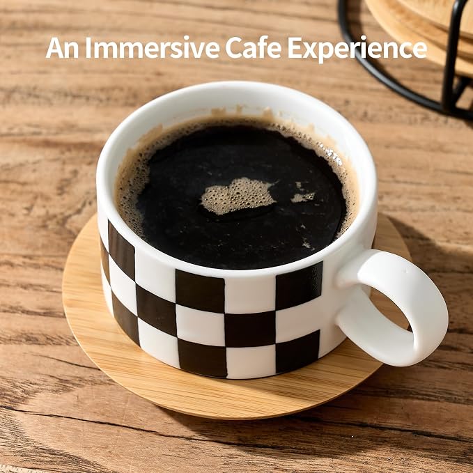 LUKA 6 Ounce Ceramic Stackable Black and White Checkered Espresso Cups - Image 3