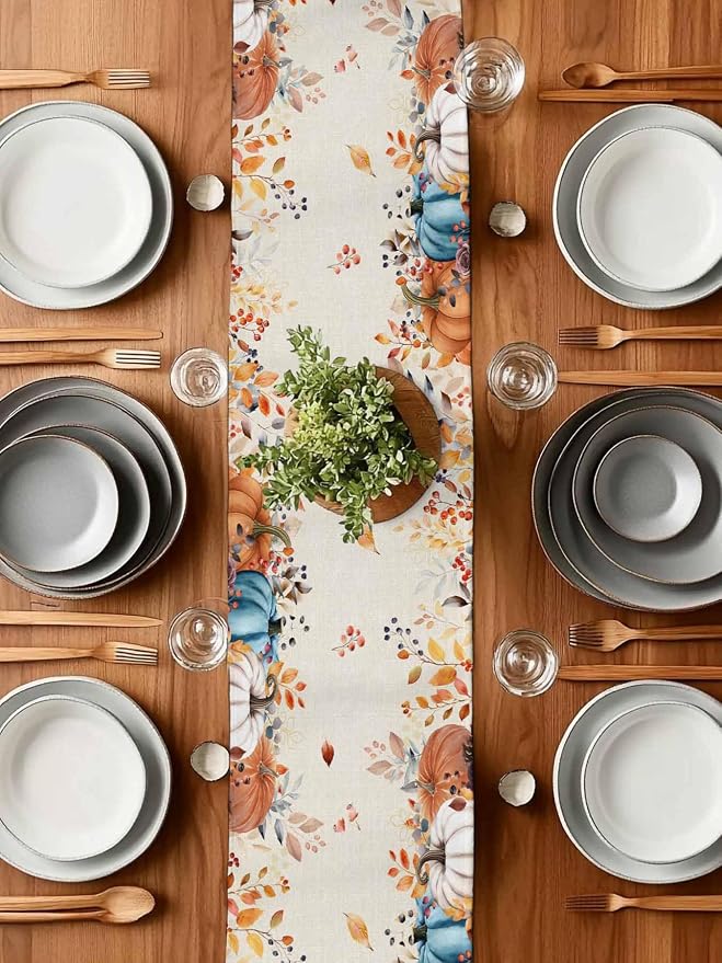 Orange Blue Pumpkin Fall Table Runner 108 Inches Long, Thanksgiving Eucalyptus - Image 7