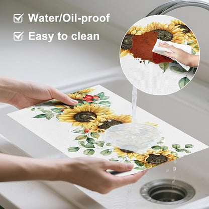 AOFOTO Sunflower Printed Placemats Set of 4 Spring Yellow Floral Leaves Fruit Printed Place Mats Washable Rectangular Table Mats for Party Home Kitchen Restaurant Dining Table Decor 12x18 Inch
