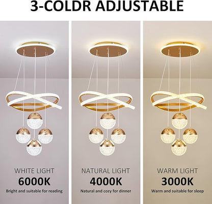 Modern Gold LED Chandeliers, 3-Color Dimmable Pendant Light for Kitchen Island, Dining Room, Living Room, Contemporary Hanging Ceiling Light, Adjustable Height, Perfect for Modern Home Decor.