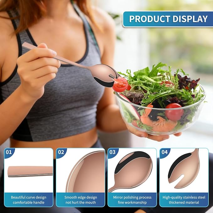 Rose Gold Salad Serving Utensils Set, 9.4 Inch Stainless Steel Salad Serving - Image 3