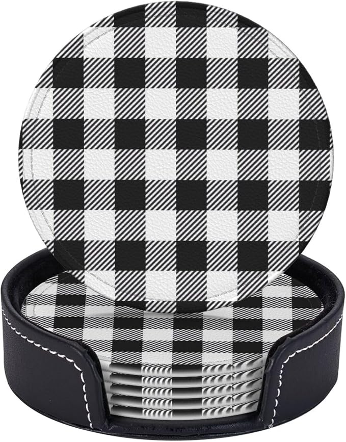 6 Pcs Black and White Buffalo Check Plaids Leather Coasters by CAPVKING