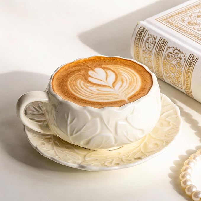 KAMMAK Tea Cups and Saucers Set of 2, 10 oz Porcelain Coffee Cups, SY005 | - Image 3
