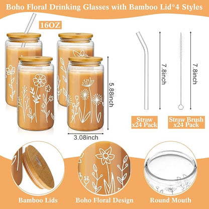 Mumufy 24 Pack Glass Cups Gift Aesthetic Cute Glass Cup Tumbler Flower Iced - Image 2