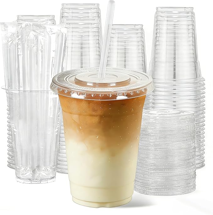 12oz Clear Plastic Cups with Lids and Straws 100 Pack | Leak-Proof Disposable by NewCupNewLife-cundao
