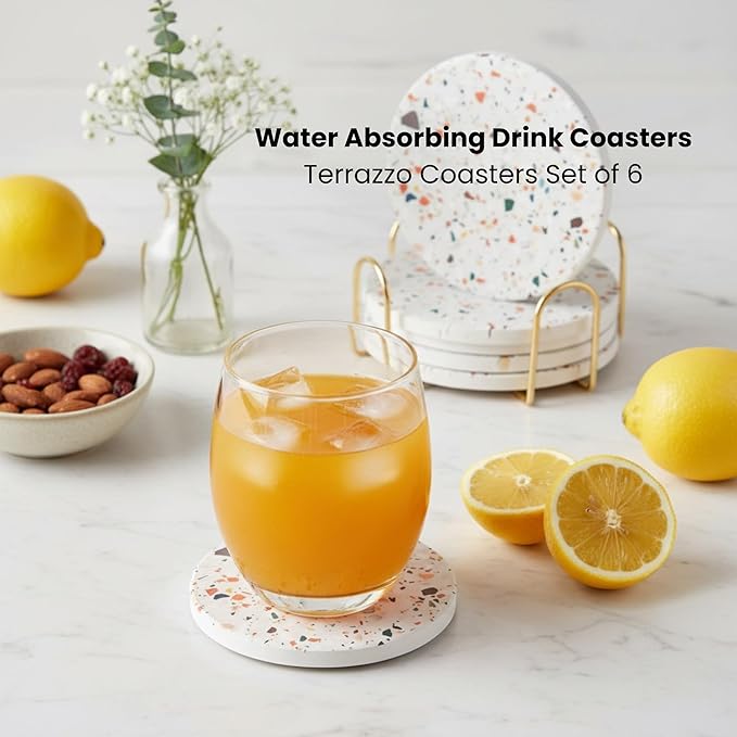 Terrazzo Drink Absorbent Coasters with Holder Set of 6, Ceramic Coaster for Drinks, Coffee Table Decor, Water Absorbing Stone Coaster for Drinks (Marble)