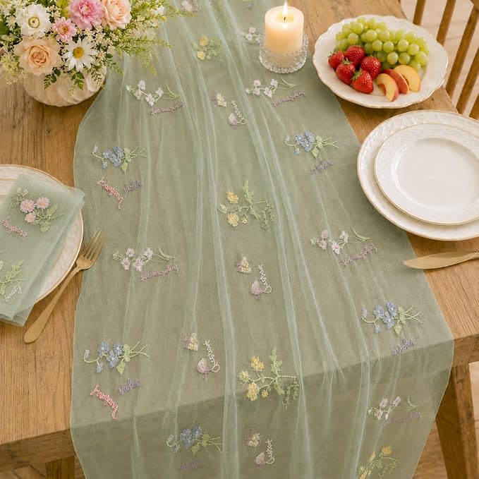 Wildflower Tulle Table Runner Butterfly Floral Wedding Party Home Decor | Sage - Image 2